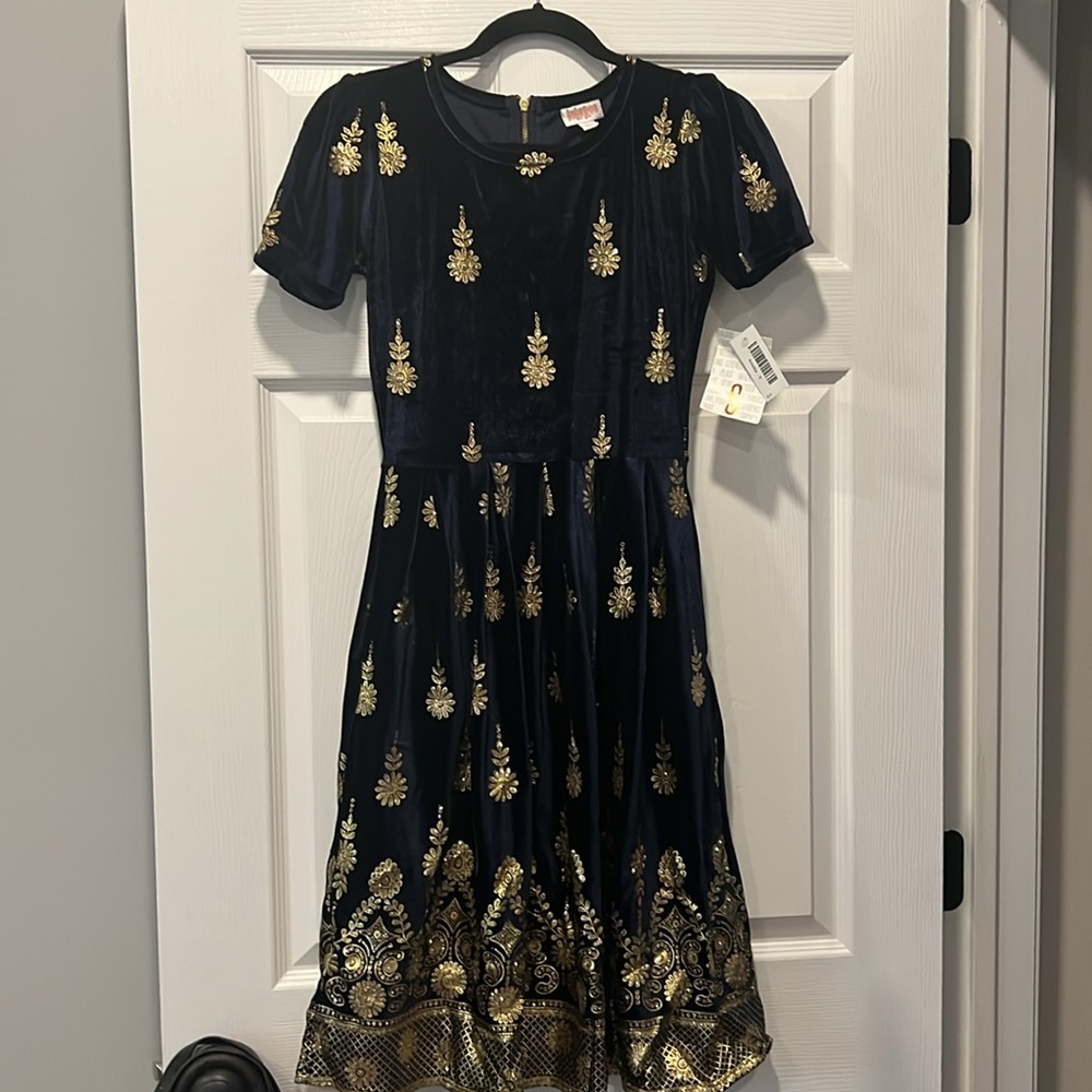 NWT LulaRoe Elegant Amelia Navy Blue Velvet  and Gold Dress Size S